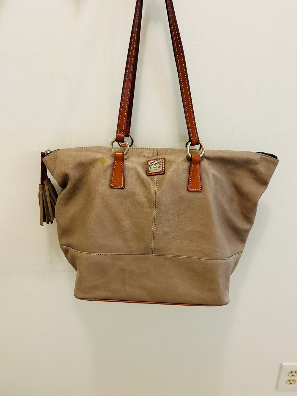 Dooney & Bourke Taupe Leather Shoulder Tote with Brown Straps